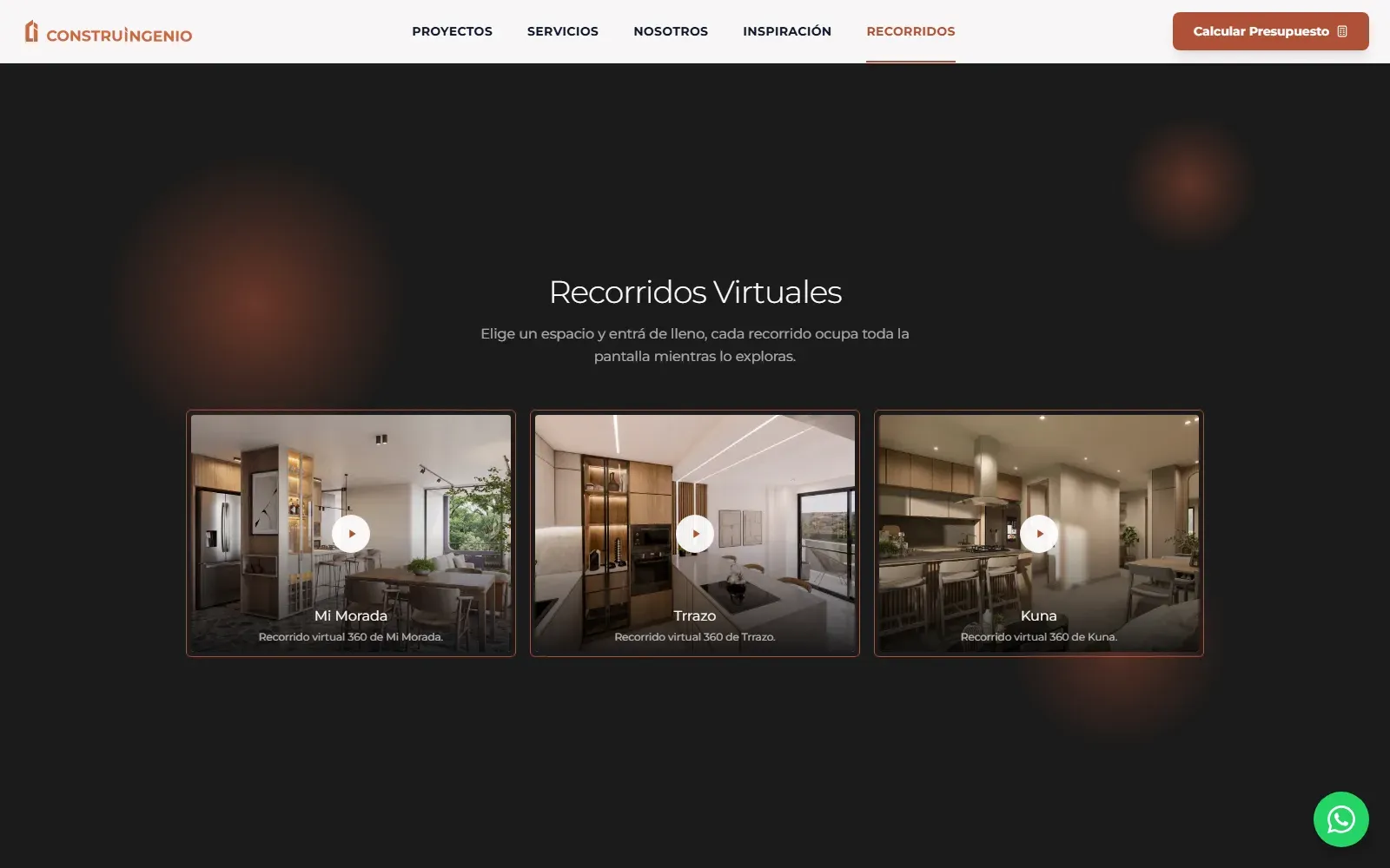 Página de recorridos virtuales de Construingenio, con sus tres espacios 360